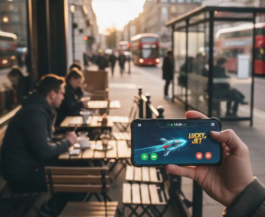 Una mano sosteniendo un smartphone mostrando el juego Lucky Jet en un entorno urbano, simbolizando portabilidad y accesibilidad.